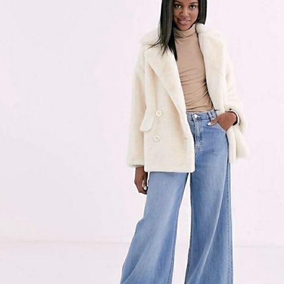 NWT FREE PEOPLE Kate Ivory Faux-Fur Coat Double-Breasted Oversize Teddy Jacket L - Picture 1 of 8